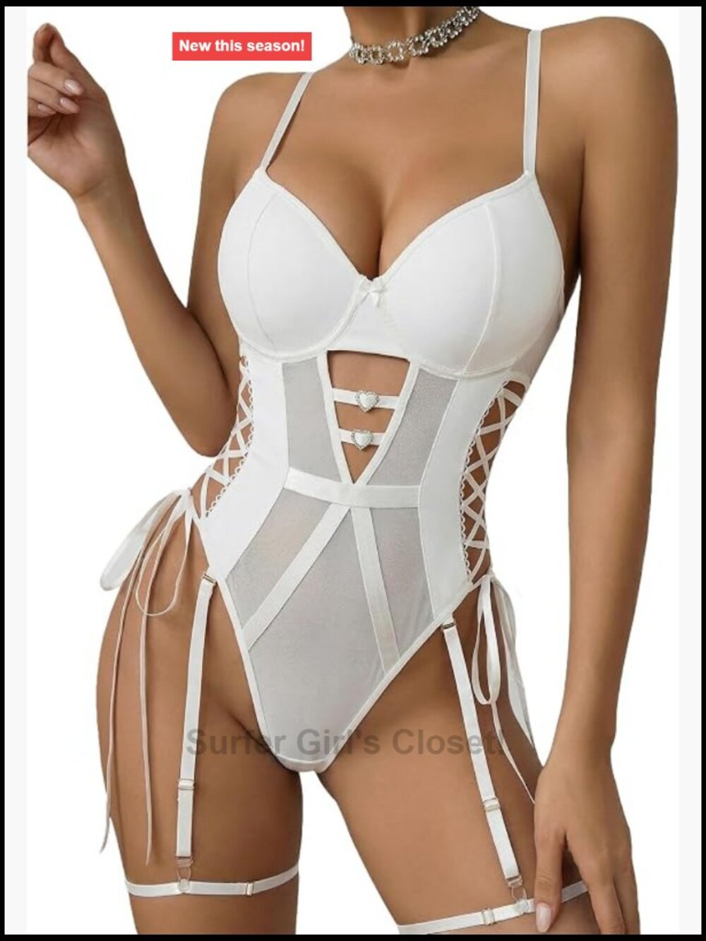 Women's Sexy Leather Lingerie Teddy Mesh Bodysuit Garter Set